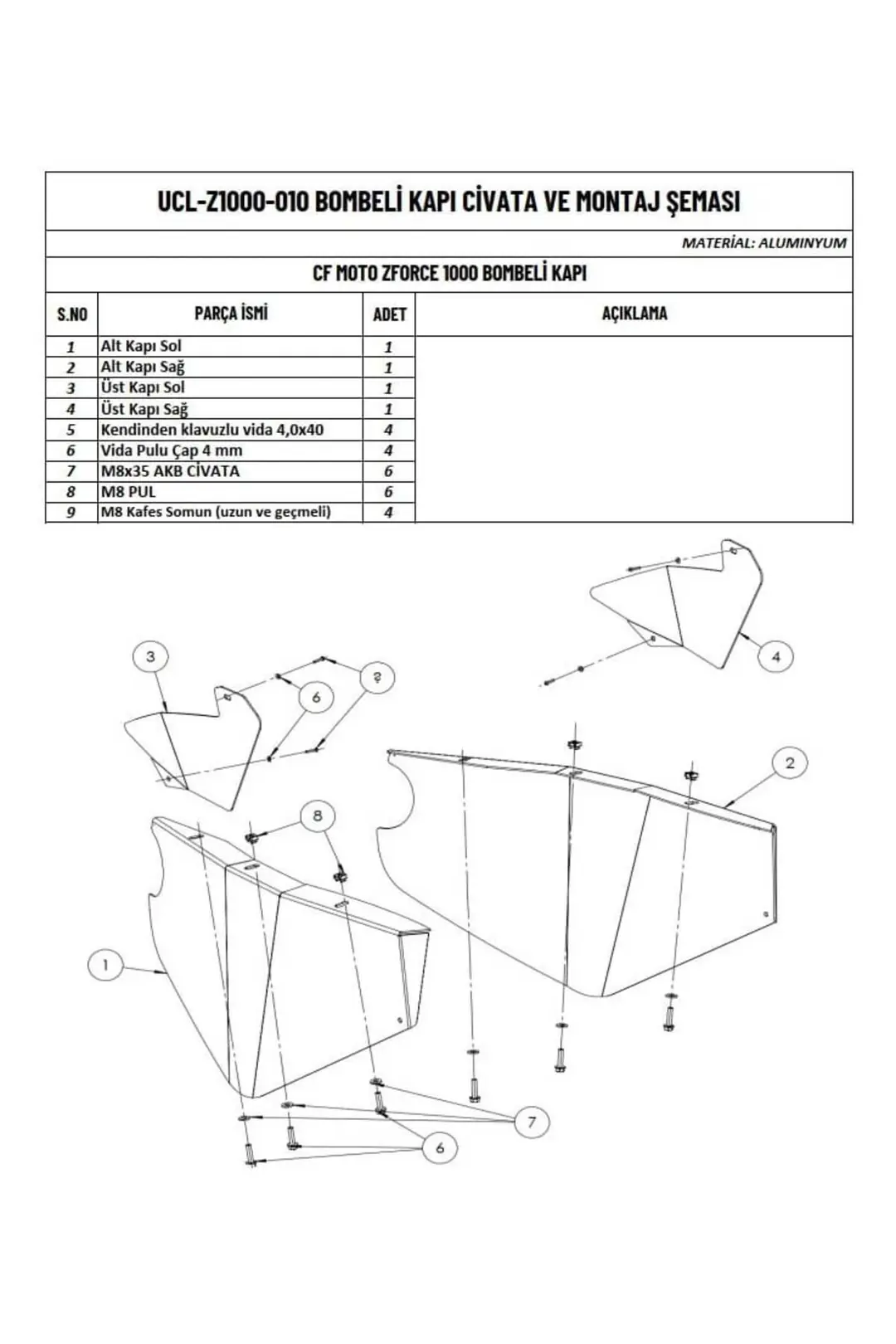 Z Force 1000 Sport/R Utv Uyumlu Alüminyum Bombeli Kapı ek görünüm 1